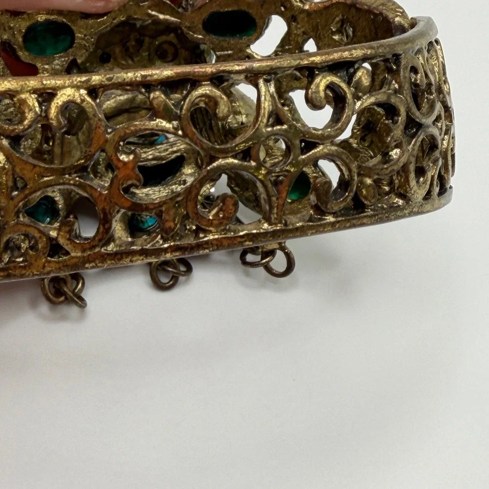 Vintage Style Owl Slave Bracelet Hand Flower Ring Set Green Blue Rhinestone Cuff